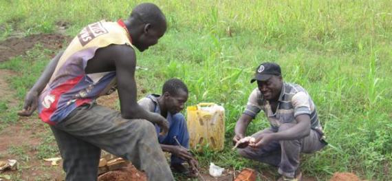 three workers cooking a bush rat